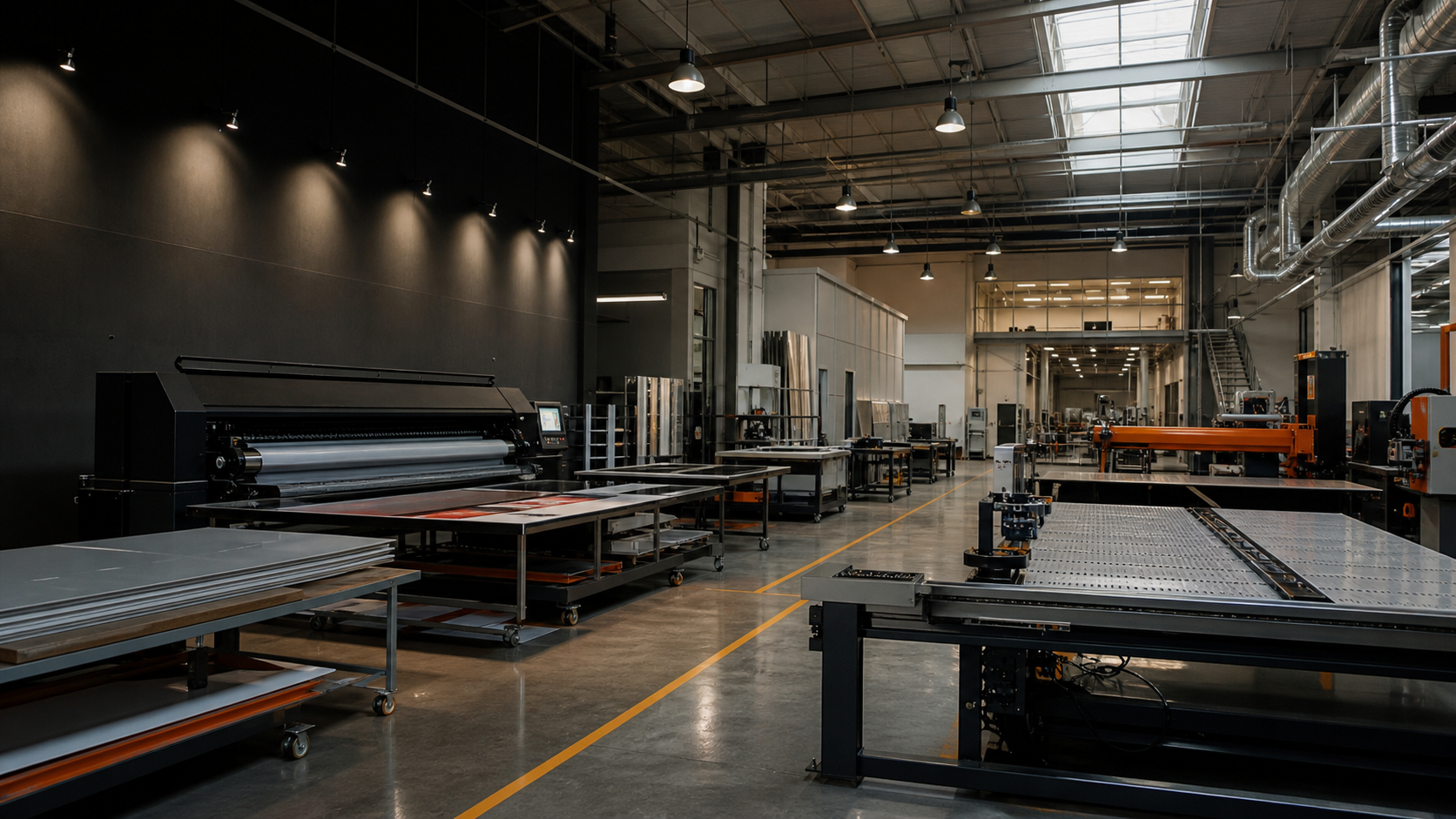 Sadaf Designs signage production facility with printing and fabrication equipment